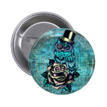 Colorful textured owl illustration on teal base. buttons