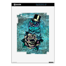Colorful textured owl illustration on teal base. skins