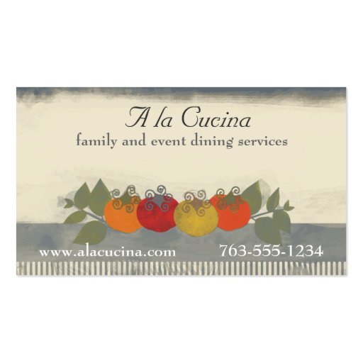 Colorful tomatoes basil chef catering biz cards business card templates (front side)