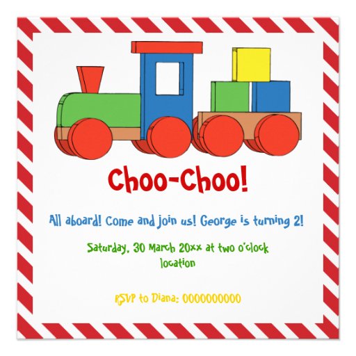 Colorful train kids birthday red, white border custom announcements