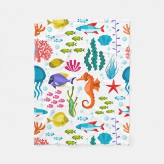 Colorful tropical marine life and animals pattern fleece blanket