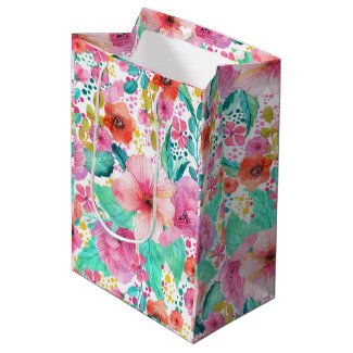 Colorful Watercolor Floral Collage Pattern Medium Gift Bag