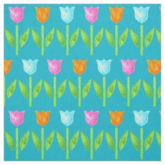 Colorful Watercolor Tulips in Pink, Blue, Orange Fabric