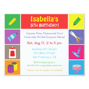 Colourful Arts and Craft Theme Kids Birthday Party Custom Announcement Card