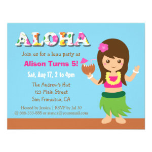 Colourful Hawaii Hula Girl Luau Birthday Party Invitations