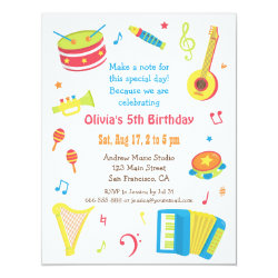 Colourful Music Instruments Kids Birthday Party 4.25" X 5.5" Invitation Card