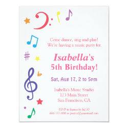 Colourful Rainbow Music Themed Birthday Party 4.25" X 5.5" Invitation Card