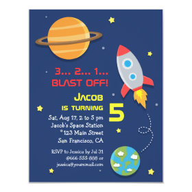Colourful, Rocket Ship, Space Party, Kids Birthday 4.25x5.5 Paper Invitation Card