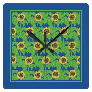 Colourful Square Wall Clock - Golden Sunflowers