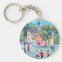 Colourful street scene painting by Gordon Bruce keychains