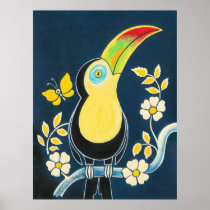 Colourful Toucan On Navy Blue Sky & White Flowers Posters