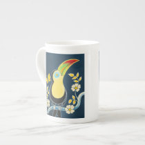Colourful Toucan On Navy Blue Sky & White Flowers Bone China Mug