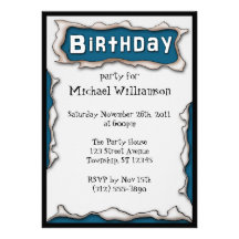 Comic Torn Paper Blue Birthday Invitations