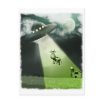 Comical UFO Cow Abduction Postcard