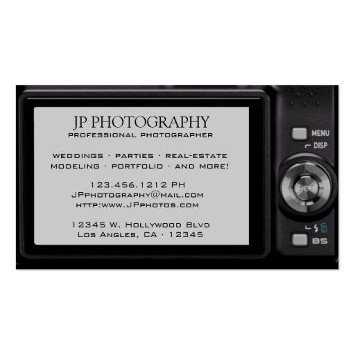 Compact  Digital Camera Professional Photographer Business Card Templates (back side)