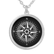 Compass rose on black background silver necklace necklace