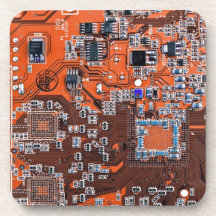 Computer Geek Circuit Board - orange Drink Coasters