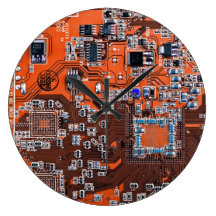 Computer Geek Circuit Board - orange Wall Clocks