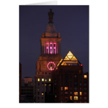 Con Edison Clock Tower lit up in Pink at Twilight Cards
