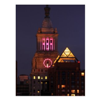 Con Edison Clock Tower lit up in Pink at Twilight Post Card