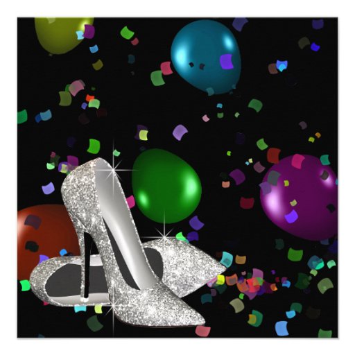 Confetti Black High Heels Womans Birthday Party Announcements