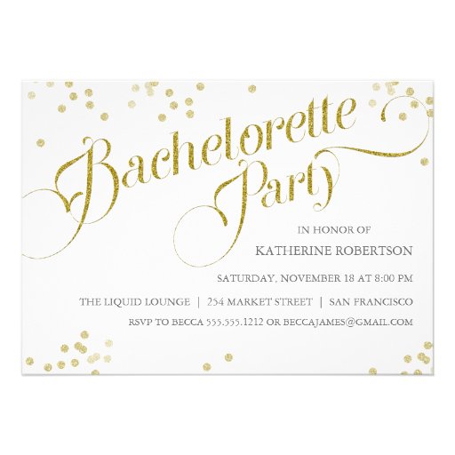 Confetti Glitter Bachelorette Party Invite, gold (front side)