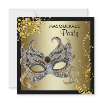 Confetti Mask Black Gold Masquerade Party Personalized Announcement