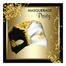 Confetti Mask Black Gold Masquerade Party Invitations