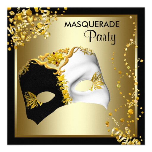 Confetti Mask Black Gold Masquerade Party Invitations