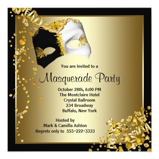 Confetti Mask Black Gold Masquerade Party Invitations