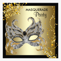 Confetti Mask Black Gold Masquerade Party invitations