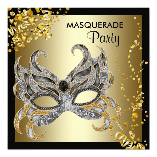 Confetti Mask Black Gold Masquerade Party Personalized Announcement (front side)