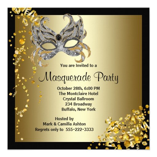 Confetti Mask Black Gold Masquerade Party Personalized Announcement