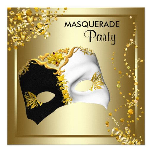Confetti Mask Black Gold Masquerade Party Personalized Invitations