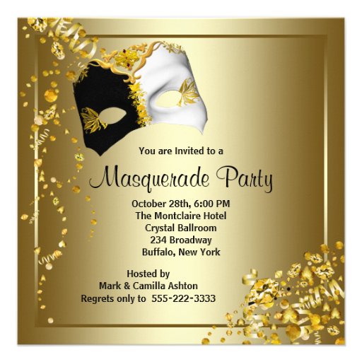 Confetti Mask Black Gold Masquerade Party Personalized Invitations