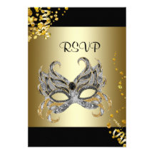 Confetti Mask Black Gold Masquerade Party RSVP Invitation
