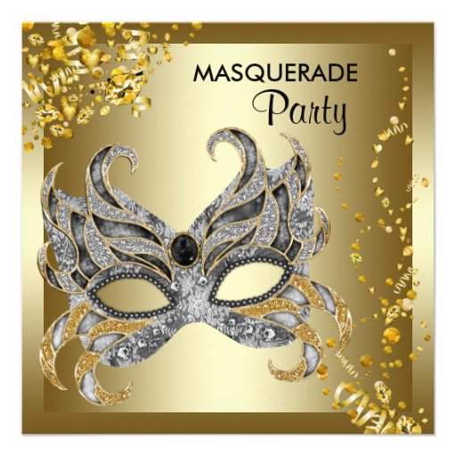 Confetti Mask Silver Gold Masquerade Party Custom Announcements