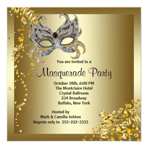 Confetti Mask Silver Gold Masquerade Party Custom Announcements