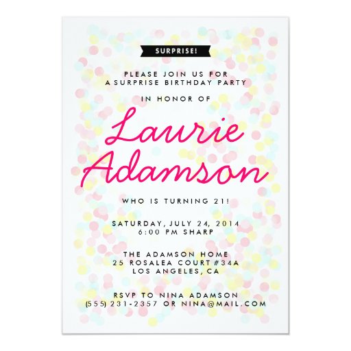 Confetti Surprise Birthday Party Invitations (front side)