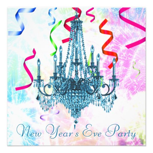 Confetti Teal Chandelier Fireworks New Years Eve Announcements (front side)