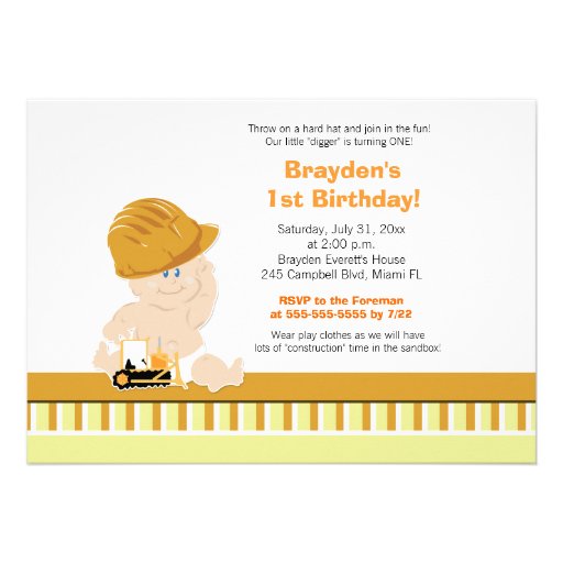 Construction Baby Custom 1st Birthday Invitation