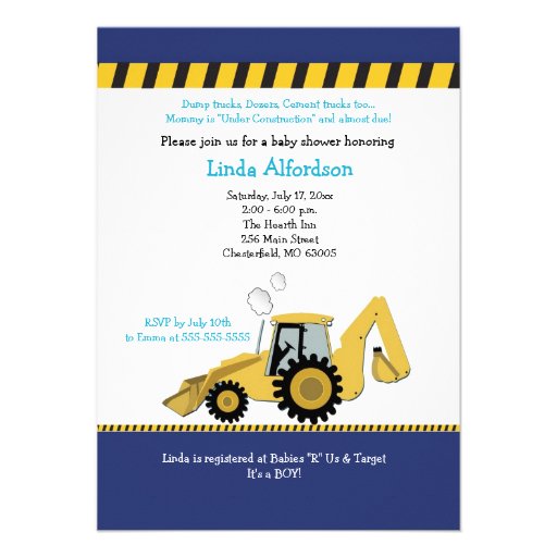 Construction Backhoe Baby Shower Invitation