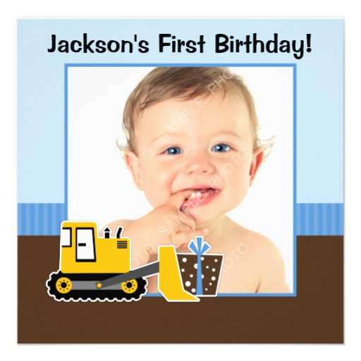 Construction Blue Brown 1st Birthday Boy Photo Personalized Invites