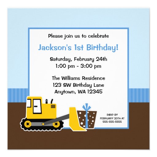 Construction Blue Brown 1st Birthday Boy Photo Personalized Invites