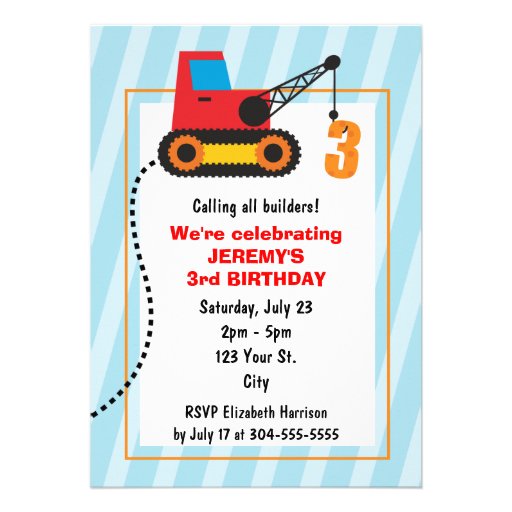 Construction Crane 3rd Birthday Personalized Announcements