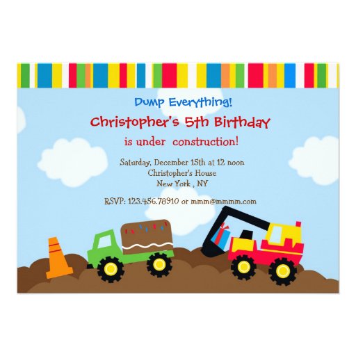 Construction Dump truck Birthday Party Invitations