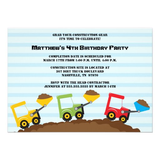 Construction dump truck boys birthday party invite
