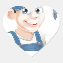 Construction guy pointing at banner stickers