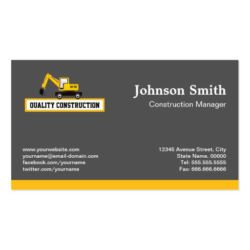 Construction Manager - Yellow Excavator Business Card Templates (back side)