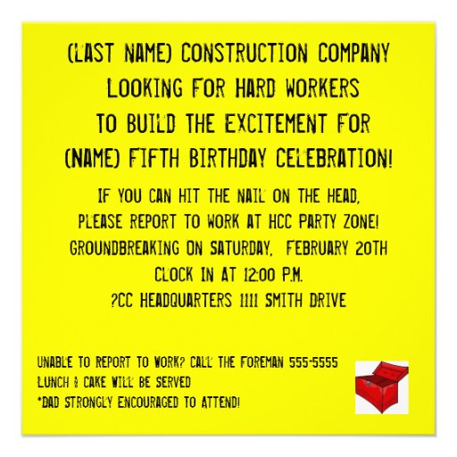 Construction Tool Theme Birthday Invitation